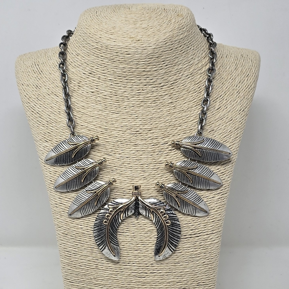 Vtg metal feather boho statement necklace ethnic tribal southwestern native